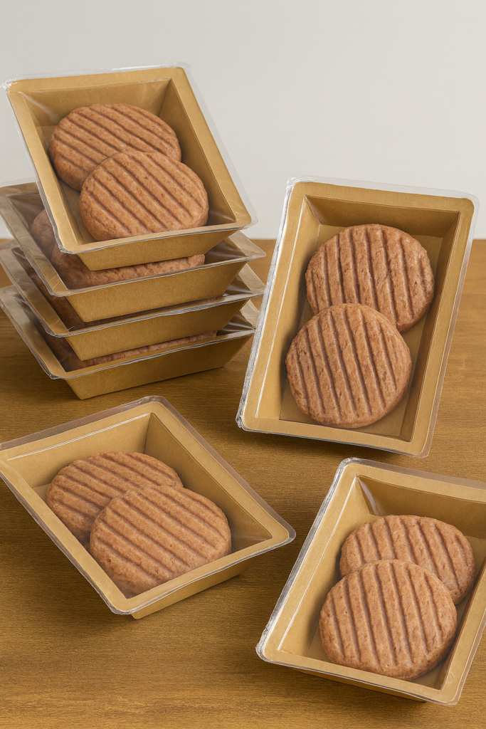 Burger patties in cardboard topseal punnets